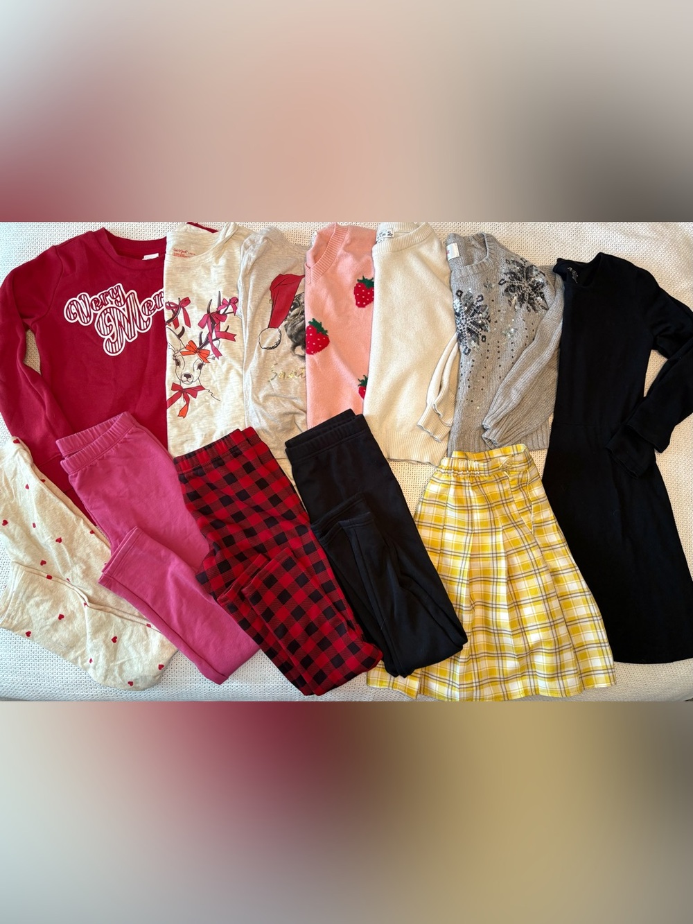 Girls winter bundle - holiday, fleece leggings, sequins, etc, tops, dress, leggi